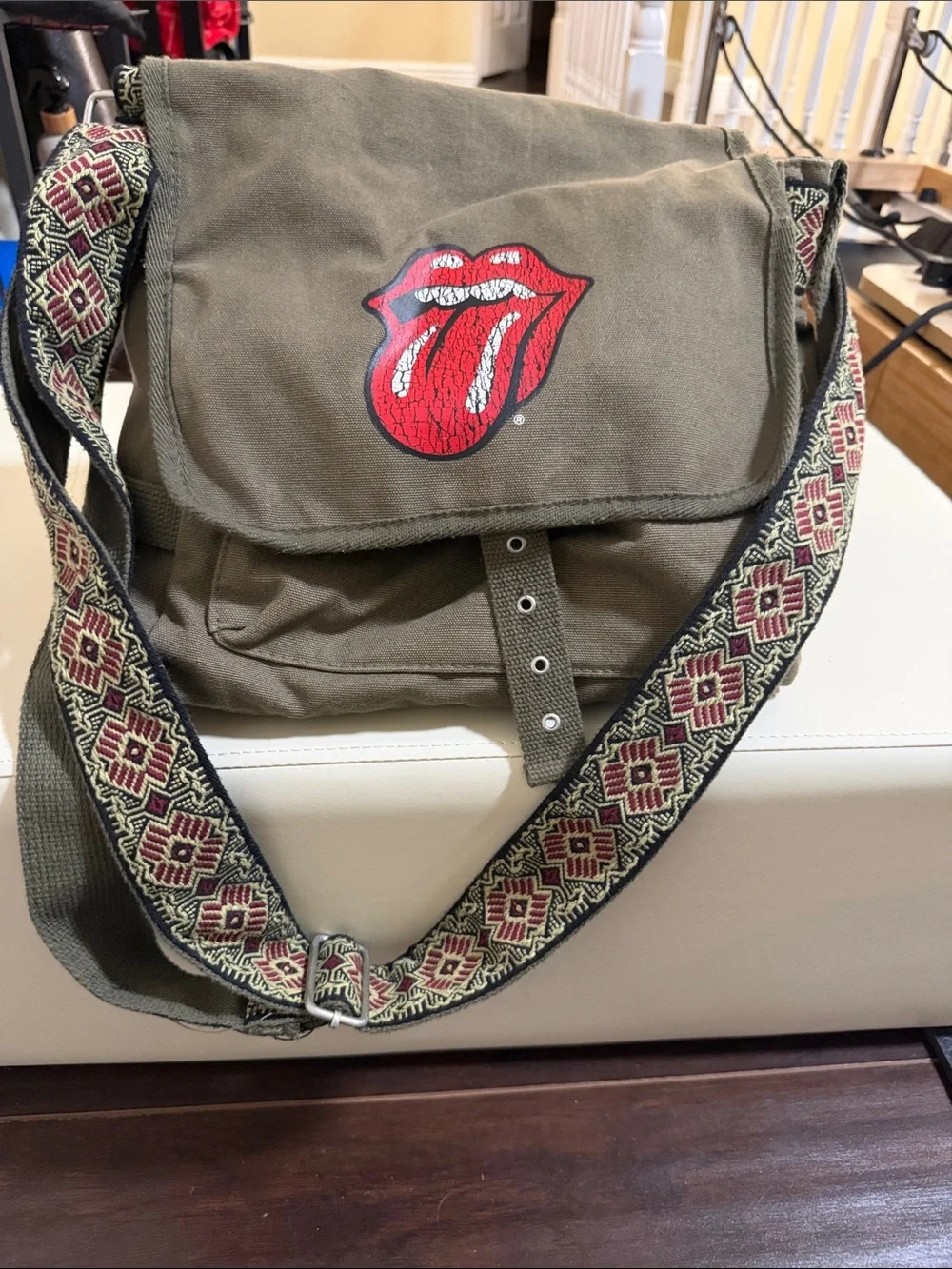 Olive Green Canvas Messenger Bag with Red Graphic Tongue Accent